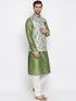 Vastramay Men's Green Floral Jacquard Jacket With Silk Kurta and Pyjama Set
